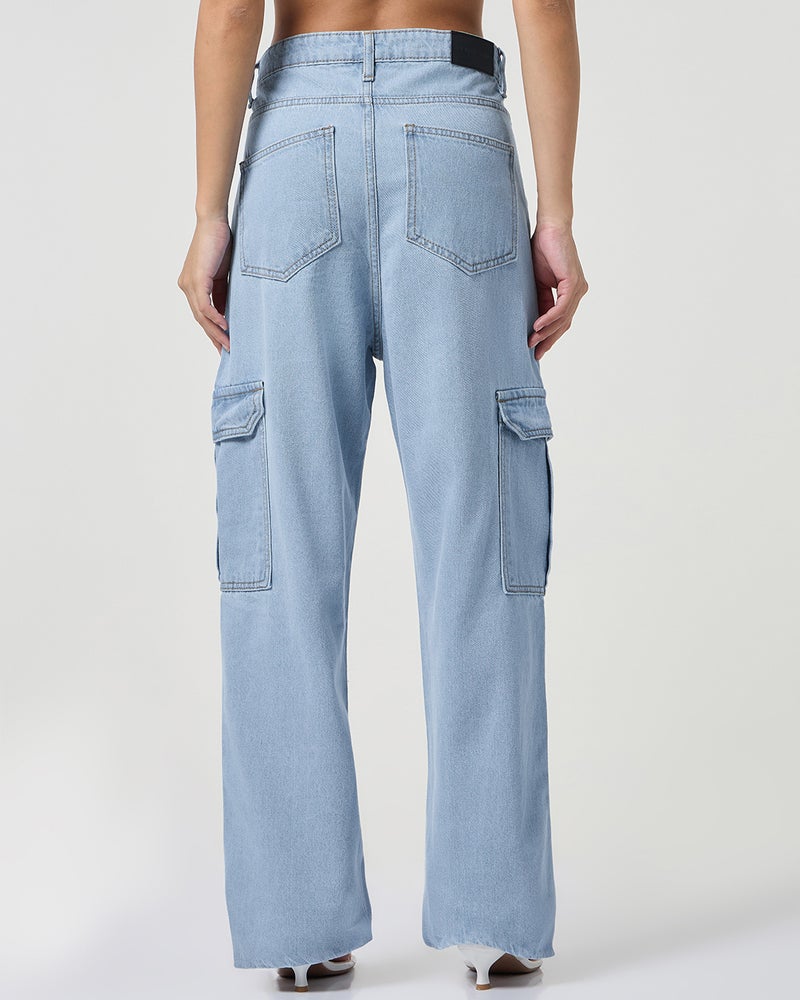 bewakoof Women's Light Blue Washed Straight Fit Cargo Jeans - Image 3